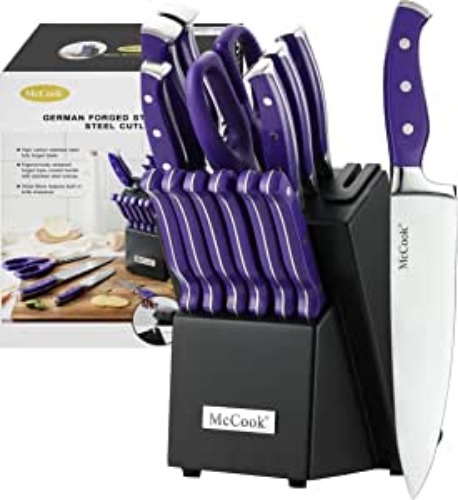McCook MC27 14 Pieces Stainless Steel kitchen knife set with Wooden Block, Kitchen Scissors and Built-in Sharpener, Purple - 15 Pieces Purple/black