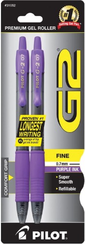 PILOT G2 Premium Refillable & Retractable Rolling Ball Gel Pens, Fine Point, Purple Ink, 2-Pack (31052) - 2 Count (Pack of 1) - Purple - Pens