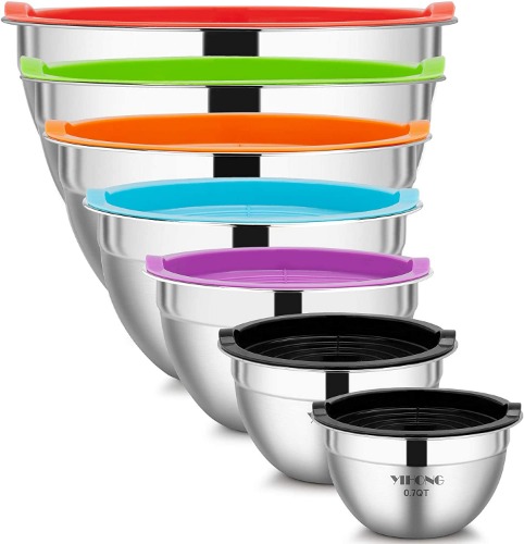 YIHONG 7 Piece Mixing Bowls with Lids for Kitchen, Stainless Steel Mixing Bowls Set Ideal for Baking, Prepping, Cooking and Serving Food, Nesting Metal Bowls for Space Saving Storage - Multicolor