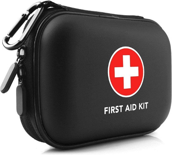 Mini First Aid Kit, 100 Pieces Water-Resistant Hard Shell Small Case - Perfect for Travel, Outdoor, Home, Office, Camping, Hiking, Car (Black) - Black