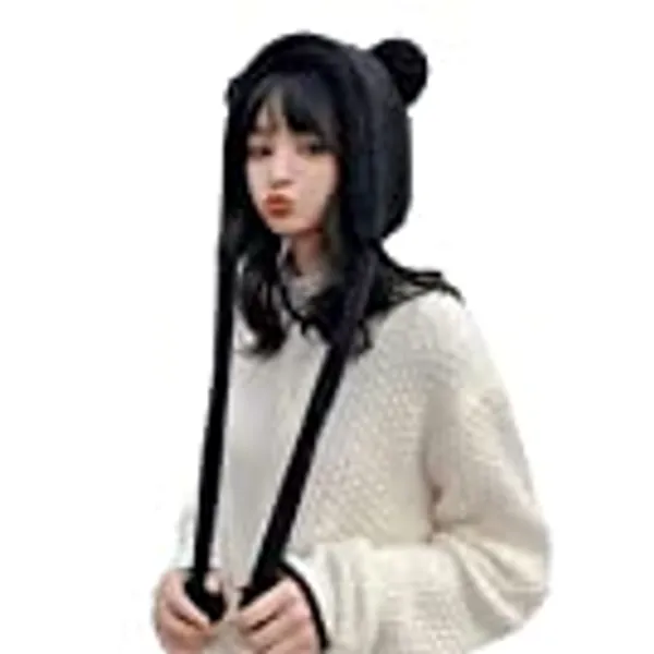 Women Kawaii Bear Ear Winter Fleece Hat Balaclava Sherpa Beanie Y2K Cute Aesthetic Pom Pom Girl Skully Cap Warm Plush
