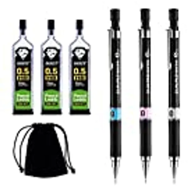 7 PCS Mechanical Pencil Set,0.5mm Automatic Pencil Black HB Lead Pencils Clutch Propelling Pencil 3 Cases Pencil Lead Refills with Black Velvet Bag for Writing Drawing Sketching Carpenter Art