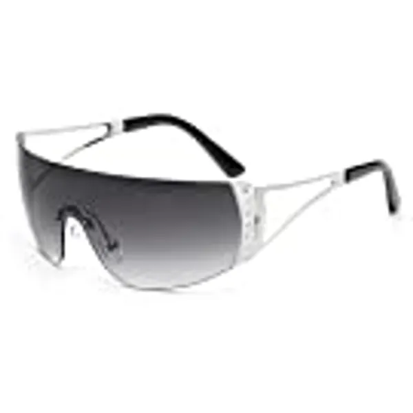 JM Wrap Around Y2K Sunglasses for Women Men, Oversized Shield Flat Top Futuristic Shades, Frameless Gradient Lens