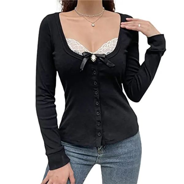 Women Y2k Long Sleeve Crop Top Ribbed Wing Print Shirt Crew Neck Slim Fit Blouse Tops 90s E-Girl Streewear