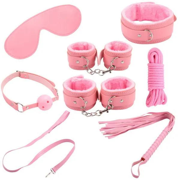 CKH Couple Flirting Fun 7-piece Set Bundled Bondage Leather Suit Adult Products Tshirt (Color : Pink)