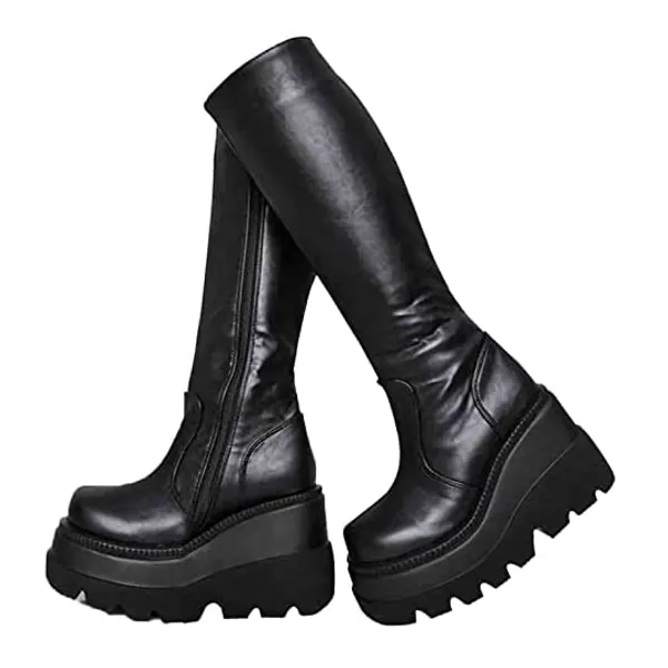 
                            Erocalli Platform Goth Boots for Women Wedges Heels Mid Calf Boots Gothic Combat Motorcycle Riding Boots with Side Zip
                        