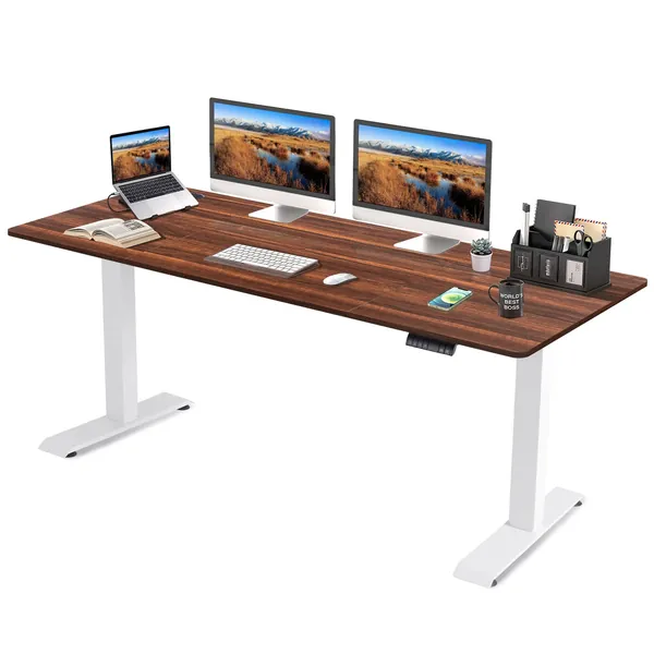 KAIMENG Height Adjustable Electric Standing Desk, 160 x 80 cm Sit Stand Desk, Stand Up Home Office Desk with Splice Board, White Frame/Brown Top