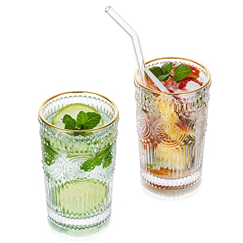 Water Glasses Drinking 400ML Gold Rim Vintage Tumblers Glass Set of 2 Tall Highball Glass for Juice Coffee Tea for Party, Bar - Gold Rim - 2