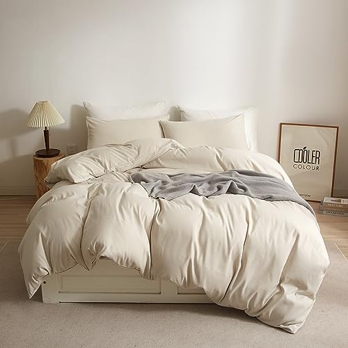 Ruccit Beige Duvet Cover Set Double 100% Brushed Microfiber Double Bed Duvet Cover Soft 3pcs Simple Plain Bedding Set with Zipper Closure Corner Ties-Durable,Fade resistant - Double - Beige