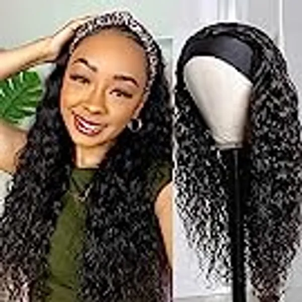 Headband Wig Curly, Headband Wigs for Black Women Synthetic, Water Wave Headband Wigs, Wet and Wavy Wigs with Headbands Attached Glueless Black Half Wig 150% Density for Daily Use (26 Inch)