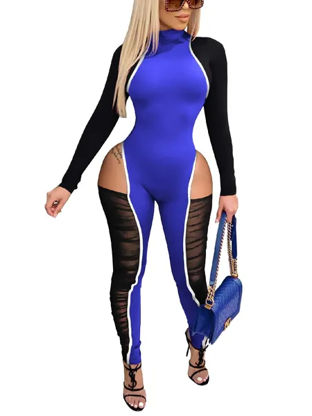Ekaliy Women Sexy One Piece Outfits Long Sleeves Sheer Mesh Hollow Out Bodycon Jumpsuit Rompers Clubwear
