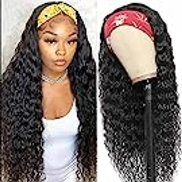 Headband Wigs Deep Wave Human Hair Wig for Black Women 150% Density Brazilian Virgin Human Hair None Lace Front Wigs Machine Made Wigs Glueless Headband Curly Human Hair Wig 18 Inch