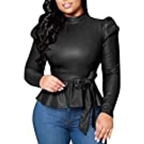 acelyn Women's Matte Mock Neck Turtleneck Long Sleeve Faux Leather Shirts Blouse Top with Belted