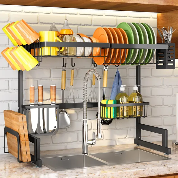 SNTD Over The Sink Dish Drying Rack, Width Adjustable (26.8" to 34.6") 2 Tier Dish Rack Drainer for Kitchen Counter Organization and Storage, Utensil Sponge Holder Sink Caddy Dryer Rack Black