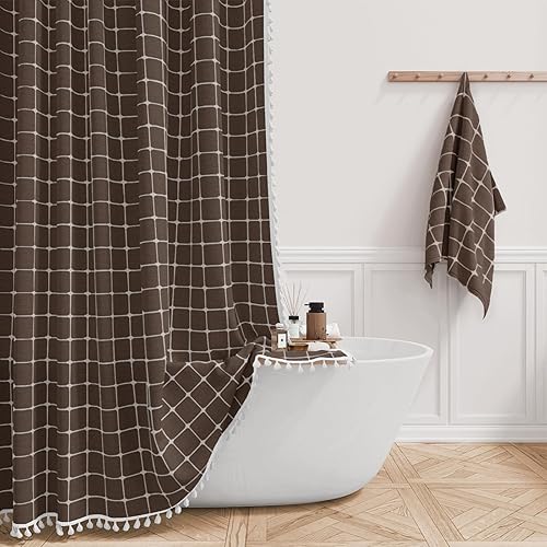 BTTN 60 Inch Stall Shower Curtain - Boho Farmhouse Linen Weighted Fabric Cloth Shower Curtain Set with 10 Plastic Hooks, Narrow Bohemian Country Decorative Shower Curtains for Bathroom - 60x72 - Brown - Brown - 60"W x 72"L (Pack of 1)