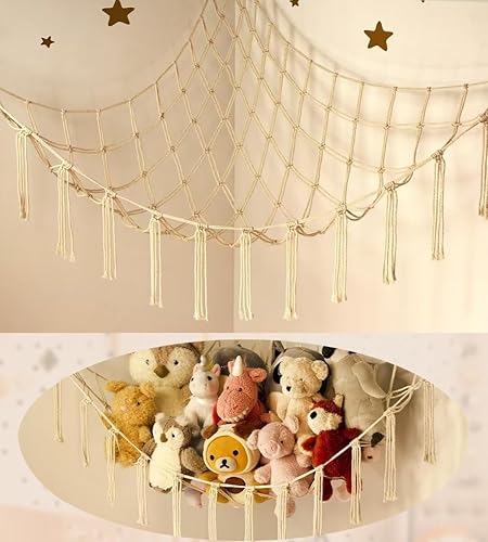 Stuffed Animal Storage Hammock or Net Corner - Large Toy Hammock Net for Stuffed Animals Room Decor - Cute Stuff Animal Organizer Holder for Plush Plushie - Kids Baby Nursery Wall Bedroom Home Decor - Large - Beige
