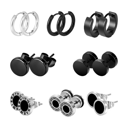Black Stainless Steel Stud Earrings for Men Women Small Huggie Hoop Earrings Set for Men Cool Goth Punk Earrings Barbell Earrings Black Silver Hoop Cartilage Earring (Classic) (Black Tone) - 19-EH-men