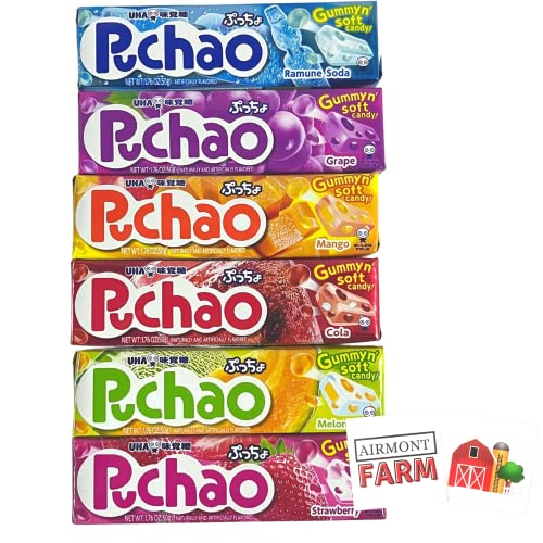 Puchao Gummy n' Soft Japanese Chewy Candy (6 pack) Cola, Ramune, Grape, Strawberry, Melon, Mango with 2 Airmont Farm Stickers