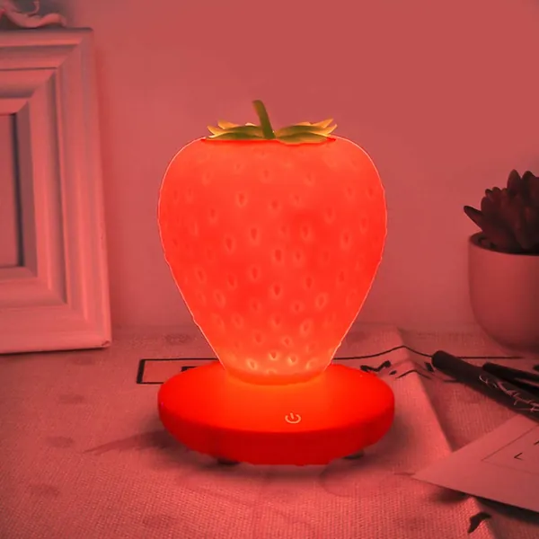 LED Children Night Light, Dimmable Multicolor Silicone Strawberry Lamp, USB Rechargeable Light, 3 Modes Touch Switch Soft Nursery Lamp, for Birthday, Christmas (Red)