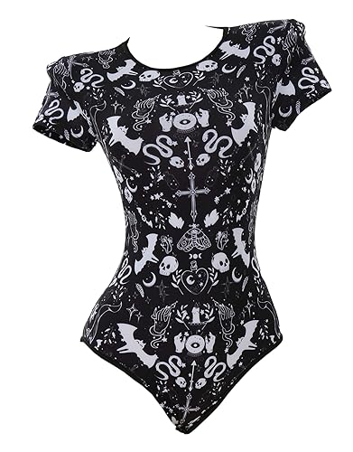 MEOWCOS Bodysuit for Women Cute Romper Onesie Pajamas Bodysuit with Gothic Pattern - Large - Black