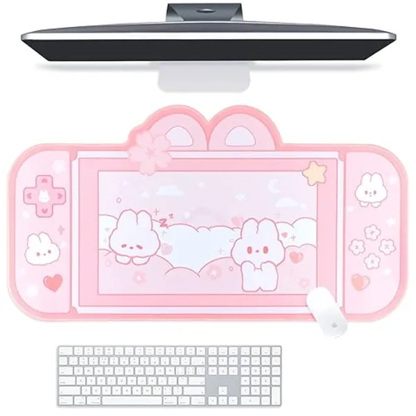 BelugaDesign Bunny Desk Pad | NS Switch Keyboard Gaming Mat Large Mat Mousepad | Pastel Pink Easter Animal Kawaii Cute Anime Desk Blotter Protector (Pink Rabbit, Large)