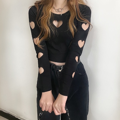 Black Alternative Heart Long Sleeve Crop Top - black love tshirt / S