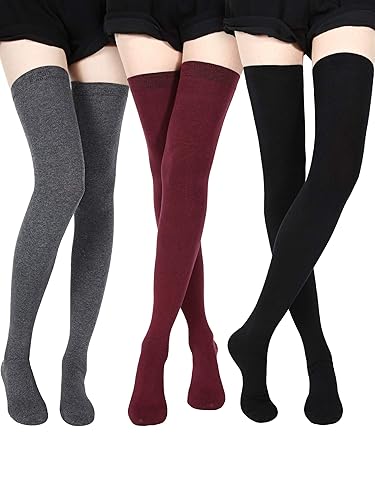 SATINIOR Extra Long Socks Thigh High Cotton Socks Extra Long Boot Stockings for Women - One Size - Black, Dark Grey, Wine Red