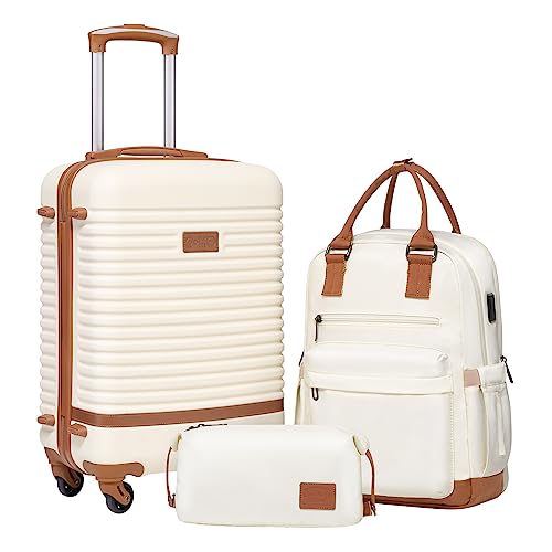 Coolife Suitcase Set 3 Piece Luggage Set Carry On Travel Luggage TSA Lock Spinner Wheels Hardshell Lightweight Luggage Set(White, 3 piece set (BP/TB/20)) - White - 3 piece set (BP/TB/20)