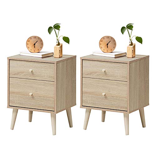 Giantex Nightstand W/Drawers and Solid Rubber Wood Legs, Large Storage Space Side Sofa Table for Bedroom, Living Room, Hallway Storage Cabinet Organizer Bedside End Table (2, Natural) - 2 - Natural