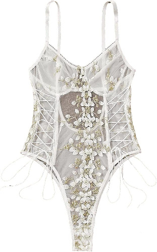Lilosy Women Sexy Lace Up Floral Embroidered Teddy Lingerie Bodysuit Top Mesh Sheer One Piece