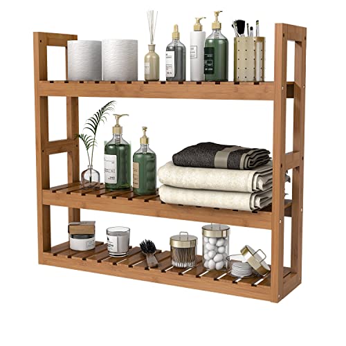 Domax Bamboo Bathroom Shelf 3-Tier Wall Mount Storage Rack Multifunctional Adjustable Layer Free Standing Over Toilet Utility Shelves Living Room Kitchen (Walnut)