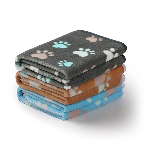 Luciphia 1 Pack 3 Blankets Fluffy Premium Fleece Pet Blanket Flannel Paw Printed Throw for Dog Cat(Small 23x16'', Grey/Brown/Blue) - 23x16 inch (Pack of 3) - Paw2