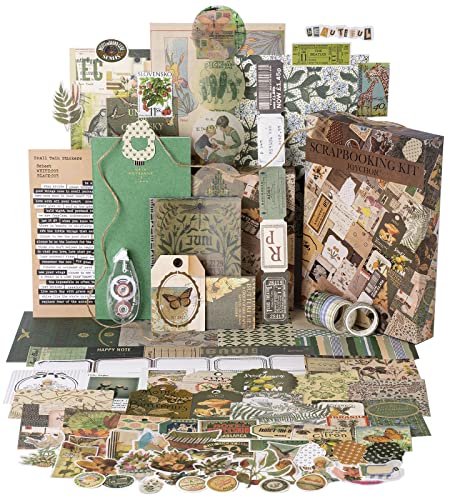 JOYCHOIC Vintage Junk Journal Supplies Aesthetic Journaling Kit, Scrapbook Papers Stickers Large Collection for Bullet Scrapbooking Materials, Planner DIY Arts Craft Collage, Girls, Adults - Green
