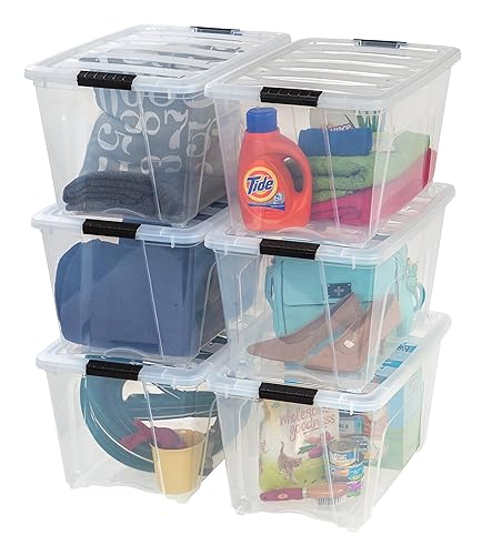 IRIS USA 54 Qt Stackable Plastic Storage Bins with Lids, 6 Pack - BPA-Free, Made in USA - See-Through Organizing Solution, Latches, Durable Nestable Containers, Secure Pull Handle - Clear - Clear - 54 Qt. - 6 Pack