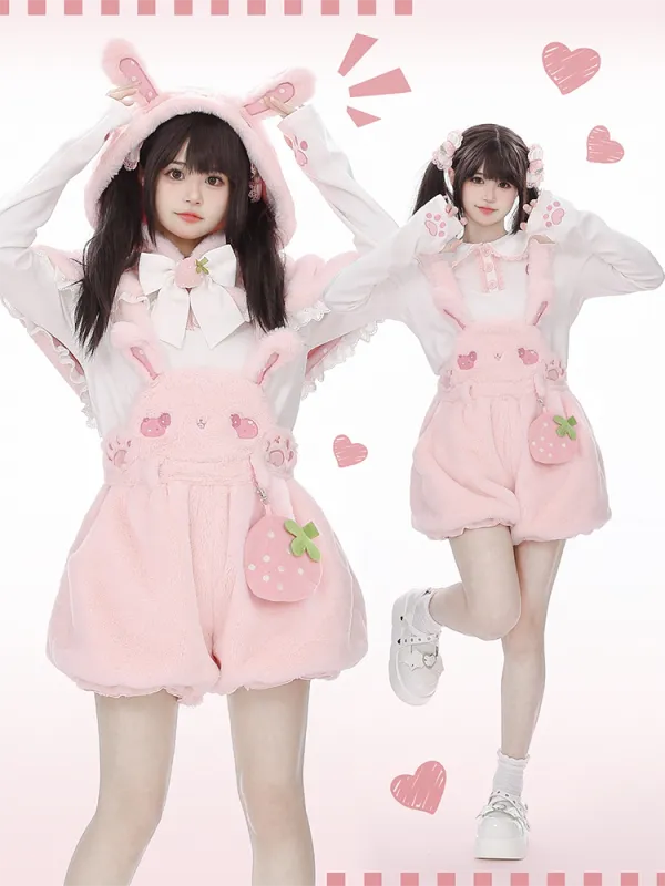 Pink Cute Bunny Plush Overalls Bubble Shorts