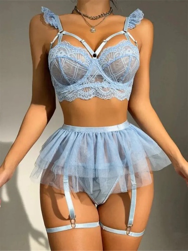 Lace Skirt Lingerie Set - Blue / S