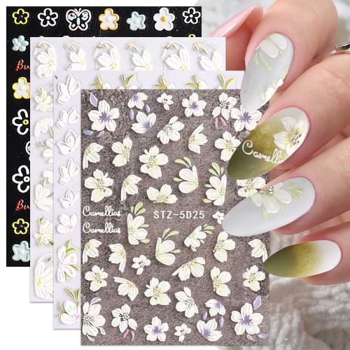 3D Embossed Flower Nail Art Stickers Decals 5D Self-Adhesive Spring White Flower Cherry Blossoms Nail Supplies Nail Art Design Decoration Accessories 4 Sheets - 