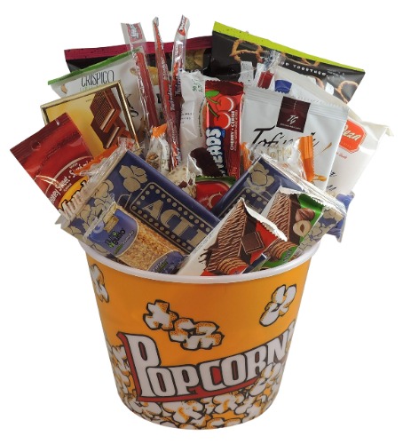 Gift Basket: Snack Attack, Movie Night- Large Reusable Popcorn Bowl: Munchies, Chocolate, Nuts, and More
