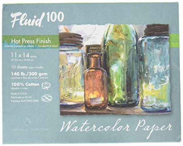 Fluid 100 Artist Watercolor Paper, 140 lb (300 GSM) 100% Cotton Hot Press for Watercolor Painting and Wet Media, 11 x 14 Pochette, 8 Sheets - 11 x 14-InchPochette