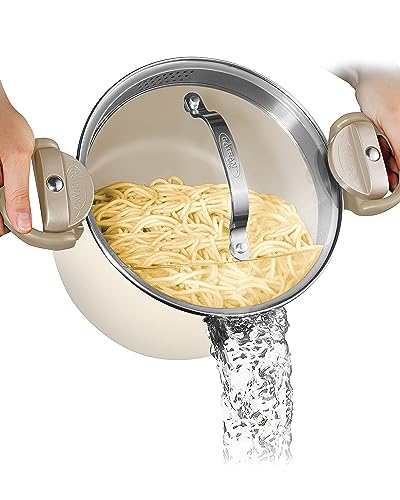 Gotham Steel 5 Quart Stock Pot Multipurpose Pasta Pot with Strainer Lid & Twist and Lock Handles, Nonstick Cooking Pot + Pasta Strainer Pots with Lid, Spaghetti Pot, Dishwasher Safe - Cream White