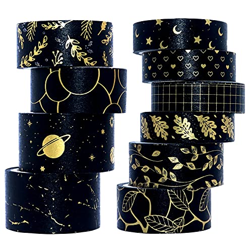 VEYLIN 10Rolls Black Gold Washi Tape, Premium Mixed Size Decorative Masking Tape for Scrapbook Journal - Black Gold