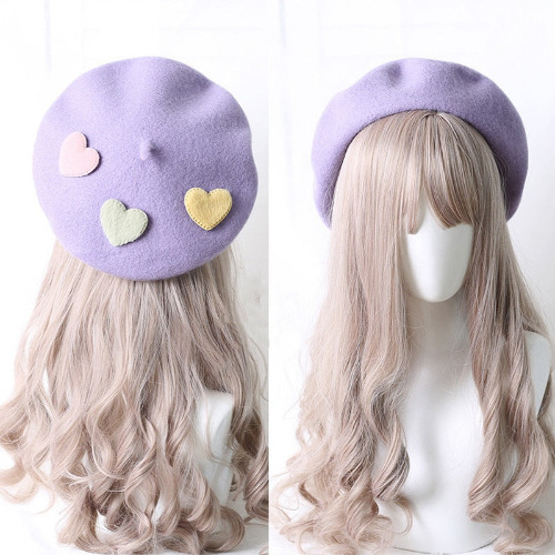 Heart-Patterned Kawaii Beret Hat - Purple
