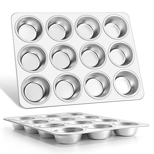 E-far Muffin Pan 12-Cup, Set of 2, Stainless Steel Cupcake Pan Metal Muffin Baking Tins for Oven, Regular Size & Easy Clean, Non-toxic & Dishwasher Safe-2 Pack - 2 - Silver