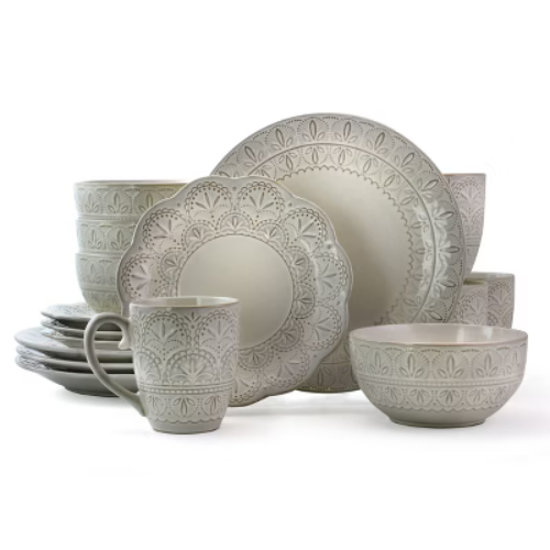 16pc Stoneware Rustic Eyelet Dinnerware Set White - Elama: Microwave & Dishwasher Safe, Service for 4, Abstract Pattern