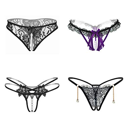Jelove LINUMIN Women Sexy Panties Floral Lace Briefs Thongs Underwear Pack of 4 - Medium - Black