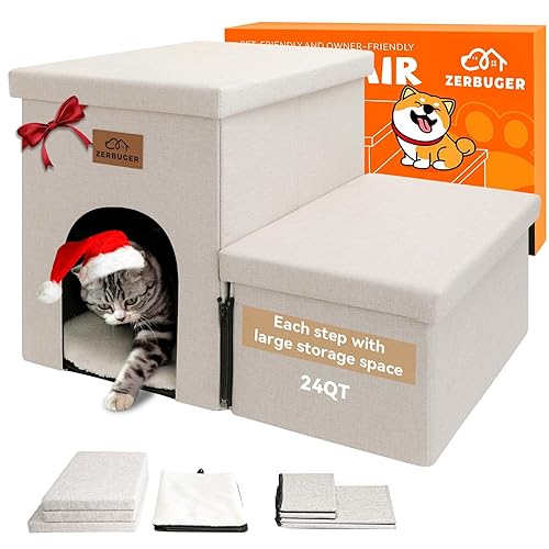 Dog Stairs with Storage 15" H, Dog Steps for High Beds, Folding Pet Stairs Gift for Small Dogs Puppy Dog for Bed and Couch, Cat Dog Ramp Hold Up to 150 lbs (Beige Gray, 2 Steps with Condo) - Beige Gray - 2 Steps with Condo(22.4"D x 17"W x 15"H)