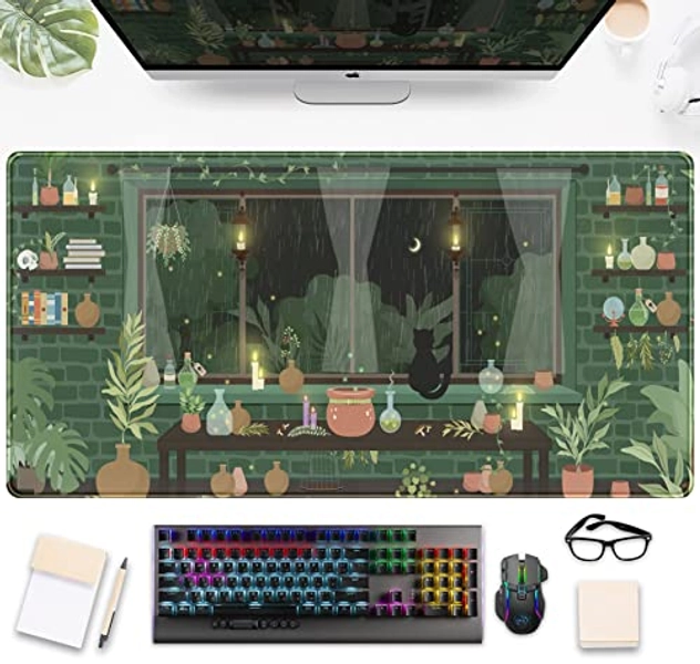 Cute Rainy Night Desk Mat Green Plants Desk Pad, Anime Black Cat Kawaii Large Gaming Mouse Pad, Moonlight Fireflies Deskmat Aesthetic Mousepad XXL, Laptop Keyboard Pad for Women Desk 31.5"x15.75"