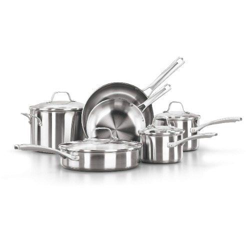 Calphalon 10-Piece Pots and Pans Set, Stainless Steel Kitchen Cookware with Stay-Cool Handles and Pour Spouts, Dishwasher Safe, Silver - 