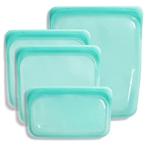 Stasher Silicone Reusable Storage Bag, Bundle 4-Pack Small (Aqua) | Food Meal Prep Storage Container | Lunch, Travel, Makeup, Gym Bag | Freezer, Oven, Microwave, Dishwasher Safe, Leakproof - 4-Pack Starter Kit Aqua Bag