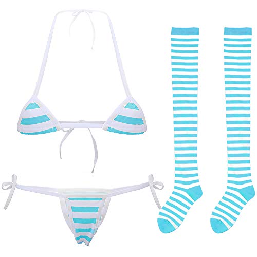 Cute Sexy Anime Lingerie Bra and Panty Set Lolita Cosplay Micro Underwear Suit Kawaii for Women - Blue(mini)+stripe High Socks